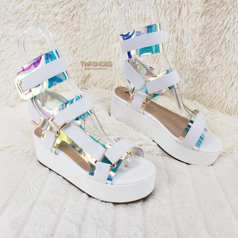 White Faux Leather Blue Hologram 2" Platform Harness Strap Sandals COMFY